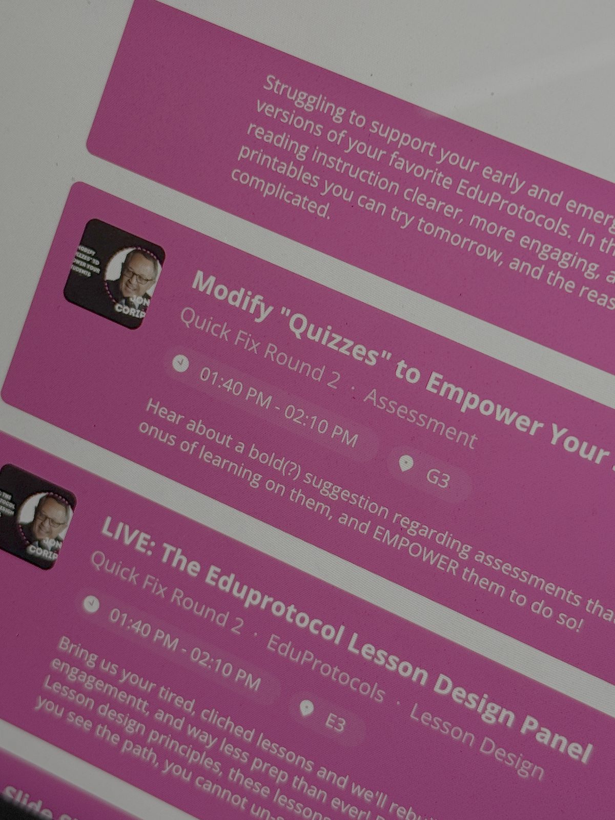 Close-up of the printed Vibe Shift 2025 schedule showing pink Quick Fix Round 2 session cards including "Modify Quizzes to Empower" and the "EduProtocol Lesson Design Panel"